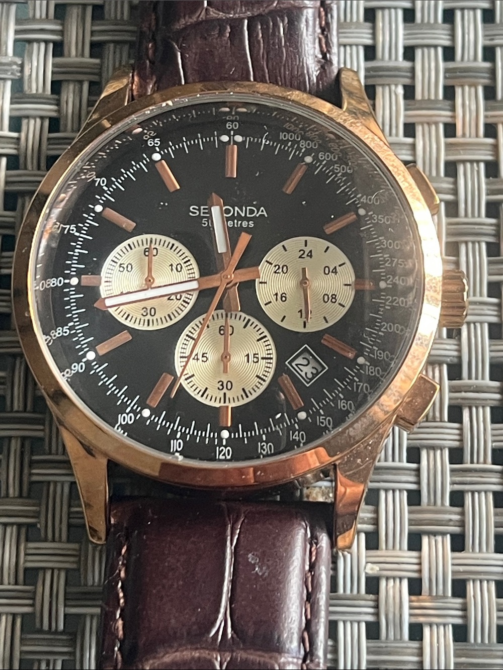 Men's Rose Gold Chronograph Watch with Black Dial and Brown Strap